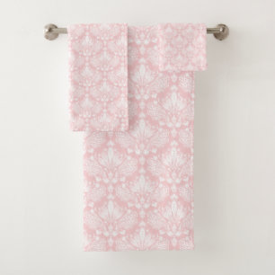 Wit en Bleek roze  bloemendamast Bad Handdoek