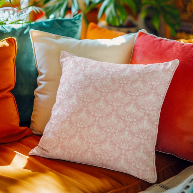 Wit en Bleek roze  bloemendamast Kussen (Creator heeft geüpload)