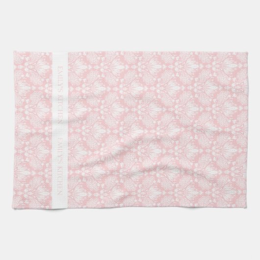 Wit en Bleek roze  bloemendamast Theedoek (Horizontaal)