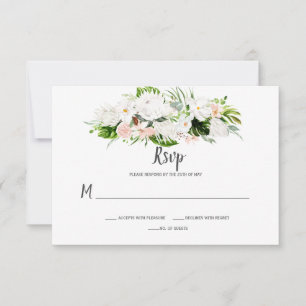Wit en Blush Roze Tropisch Waterverf Bloemmotief RSVP Kaartje