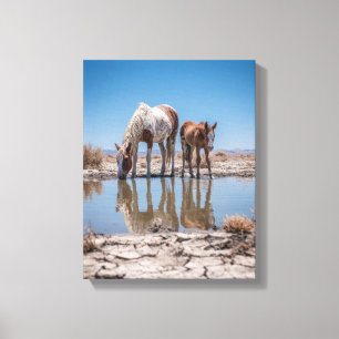 Wit en Bruin Paarden Waterreflectie Kunst Canvas Afdruk