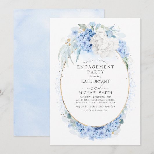 Wit en Dusty Blue Floral verlovingsfeest Kaart (Voorkant / Achterkant)