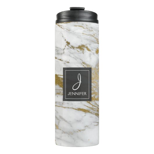 Wit en Faux Gold Marmer Elegant Monogram Thermosbeker (Voorkant)