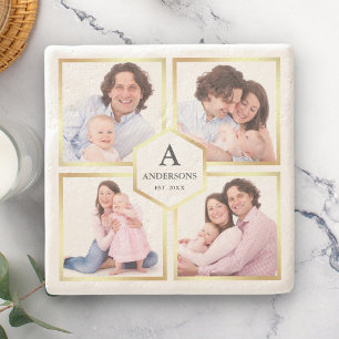 Wit en Goud 4 Foto's Familie Fotocollage Stenen Onderzetter