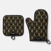 Wit en goud Art Deco Patroon op zwart Ovenwant & Pannenlap Set (Voorkant)
