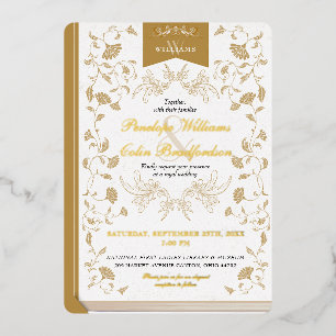 Wit en Goud Bloemen Boek Hoesje Bruiloft Folie Uitnodiging