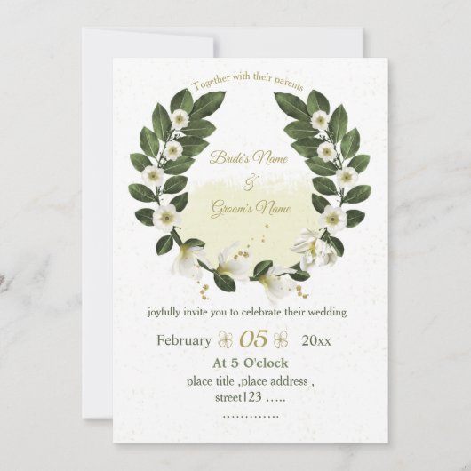 wit en goud bloemen groen krans bruiloft kaart (Voorkant)