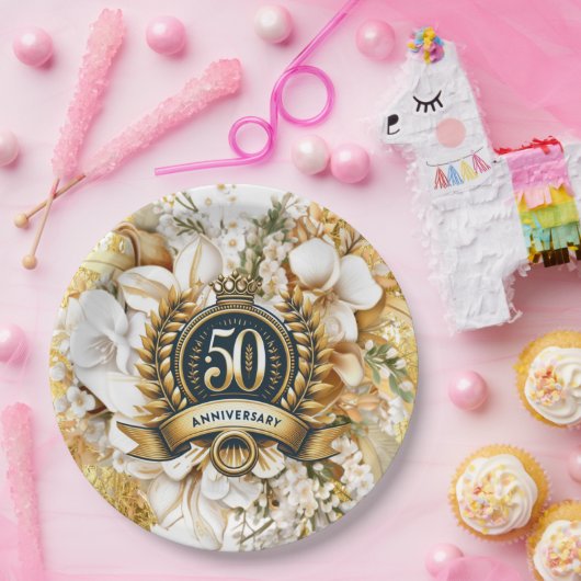 Wit en goud bloemmotief 50ste verjaardag papieren bordje (Feest)
