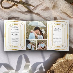 Wit en goud folie Art Deco foto collage bruiloft Drieluik Uitnodiging