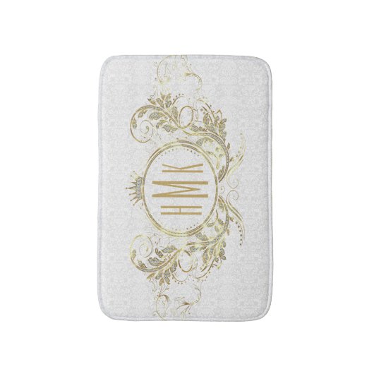 Wit en Goud Glitter Girly Bloemen Lijst Badmat (Voorkant Verticaal)