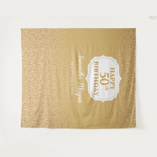 Wit en goud glitter ombre verjaardag achtergrond wandkleed (Voorkant (horizontaal))