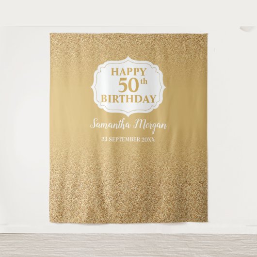 Wit en goud glitter ombre verjaardag achtergrond wandkleed (Voorkant)