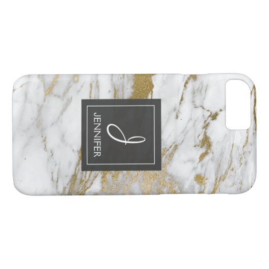 Wit en Goud Marmer Elegant Monogram Case-Mate iPhone Case (Achterkant (Horizontaal))