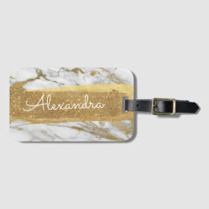 Wit en goud marmer met goudfolie en glitter bagagelabel