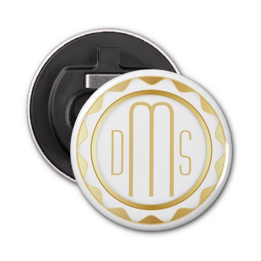 Wit en goud met monogram button flesopener (Voorkant)