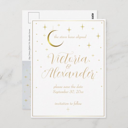 Wit en Goud Modern Minimal Celestial Save Date Briefkaart (Voorkant / Achterkant)