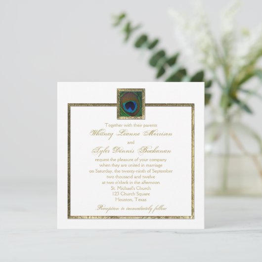 Wit en Goud Peacock Feather Bruiloft Uitnodiging (Staand voorkant)