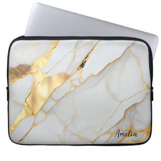 Wit en Gouden Folie Marmeren Agaat Laptop Sleeve