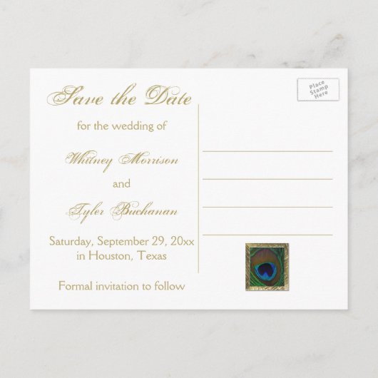 Wit en Gouden Peacock Feather Save the Date Kaart (Achterkant)