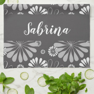 Wit en grijs bloemmotief theedoek