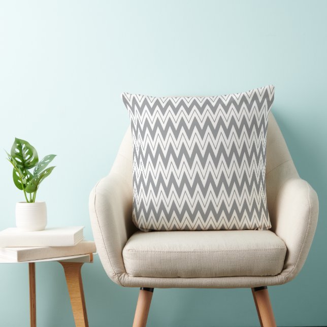 Wit en grijs Classic Zig Zag, Chevron patroon Kussen (Stoel)
