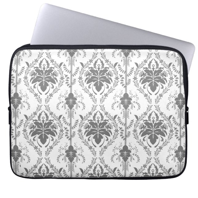 Wit en grijs Damask openwerkpatroon Laptop Sleeve (Voorkant)