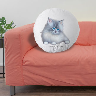 Wit en Grijs Fluffy Furry Kitten Rond Kussen