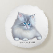 Wit en Grijs Fluffy Furry Kitten Rond Kussen (Voorkant)