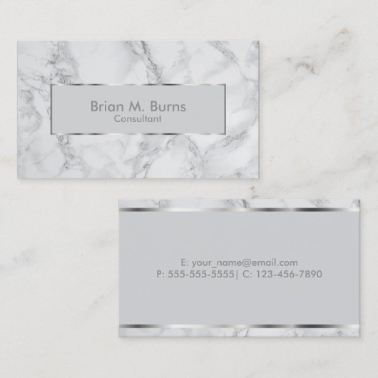 Wit en grijs marmer en metallisch zilverontwerp visitekaartje (Voorkant / Achterkant)