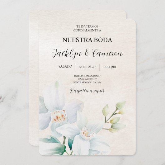 Wit en groen Bloemen Spaans Bruiloft beige Kaart (Voorkant / Achterkant)