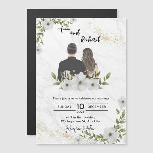 Wit en Groen Illustratief Bruiloft Virtuele Invit Magnetische Uitnodiging (Voorkant / Achterkant)