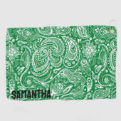 Wit en groen  paisley patroonmonogram golfhanddoek (Horizontaal)