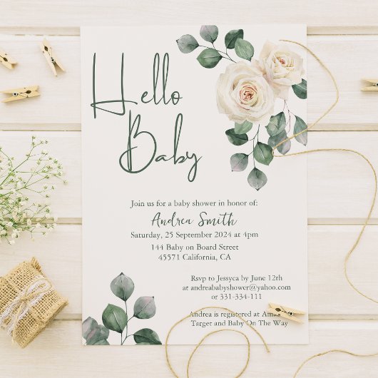 Wit en Groen Roos Baby shower Kaart