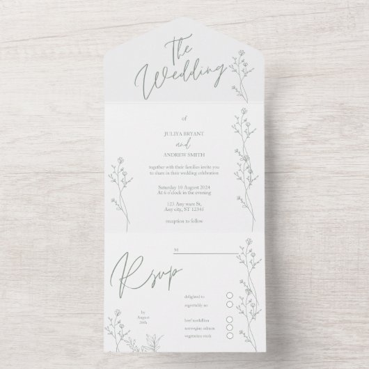 Wit en groen trendy bruiloft all in one uitnodiging (Binnen)