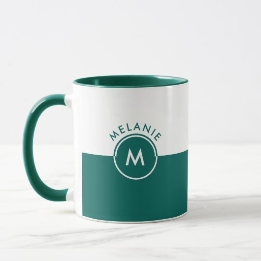 Wit en jager groen split-screen monogram mok (Links)