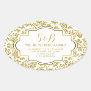 Wit en Metallic Goud Bloemen Damasks 3a Patroon Ovale Sticker