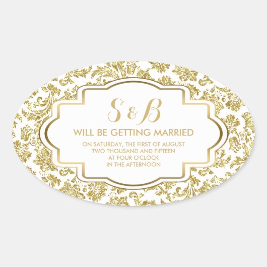 Wit en Metallic Goud Bloemen Damasks 3a Patroon Ovale Sticker (Voorkant)
