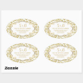 Wit en Metallic Goud Bloemen Damasks 3a Patroon Ovale Sticker (Vel)