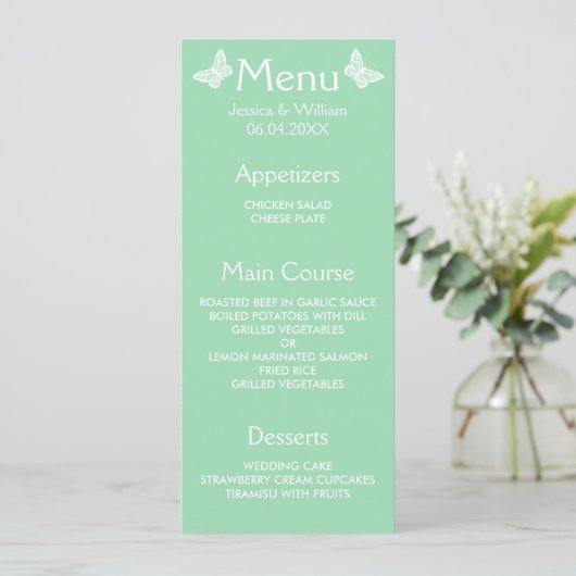 Wit en Mint Green Butterflies Weddenschap Menu (Staand voorkant)