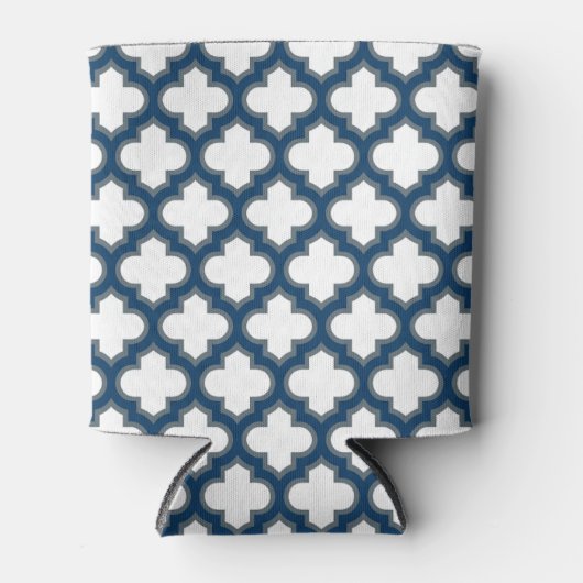 Wit en Navy Blue Trellis, Lattice, Quatrefoil Blikjeskoeler (Voorkant)