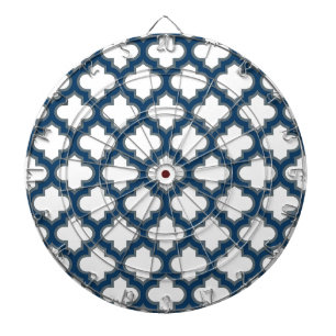 Wit en Navy Blue Trellis, Lattice, Quatrefoil Dartbord