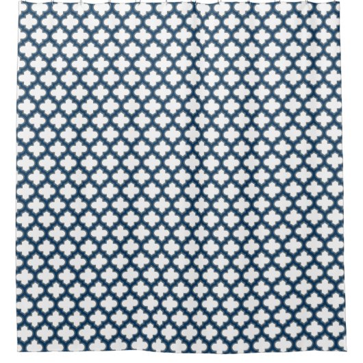 Wit en Navy Blue Trellis, Lattice, Quatrefoil Douchegordijn (Voorkant)