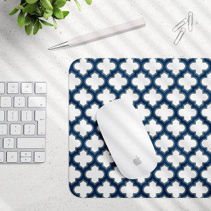 Wit en Navy Blue Trellis, Lattice, Quatrefoil Muismat