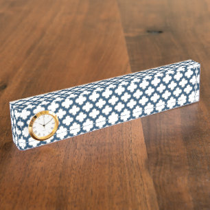 Wit en Navy Blue Trellis, Lattice, Quatrefoil Naambordje