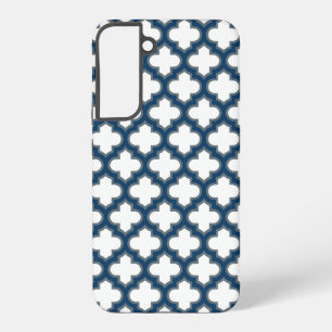 Wit en Navy Blue Trellis, Lattice, Quatrefoil Samsung Galaxy Hoesje