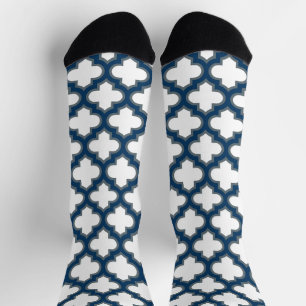 Wit en Navy Blue Trellis, Lattice, Quatrefoil Sokken