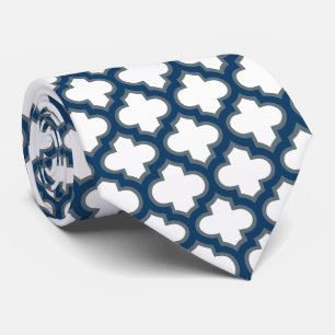 Wit en Navy Blue Trellis, Lattice, Quatrefoil Stropdas