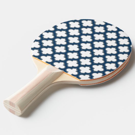 Wit en Navy Blue Trellis, Lattice, Quatrefoil Tafeltennisbatje (Voorkant Gekanteld)