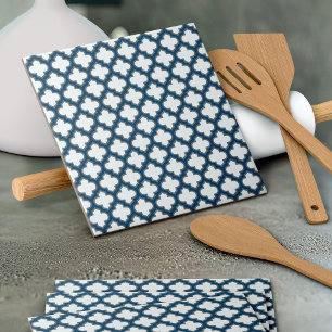 Wit en Navy Blue Trellis, Lattice, Quatrefoil Tegeltje