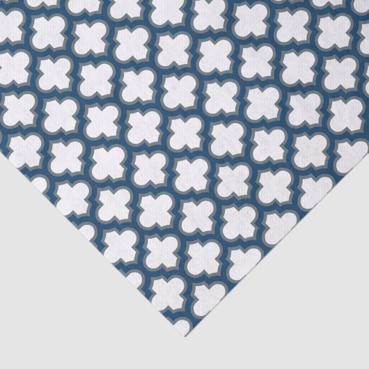 Wit en Navy Blue Trellis, Lattice, Quatrefoil Tissuepapier (Detail)